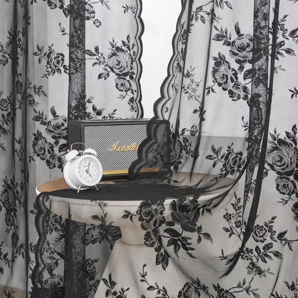 SEEKRIGHT Black Lace Curtains - 84 Inch Long Goth Floral Sheer Curtains for Living Room & Bedroom - Gothic Decor Drapes with Rod Pocket - Light Filtering Edges - Victorian Style - 2 Panels Set, 52x84