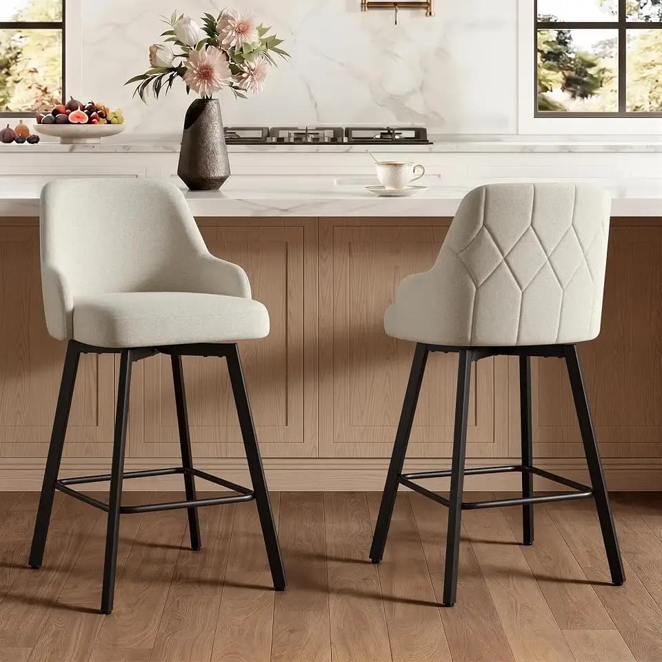 26" Counter Height Swivel Bar Stools Set of 2, Upholstered Fabric Barstools with Back, Metal Legs for Kitchen Island Dining Room, Linen