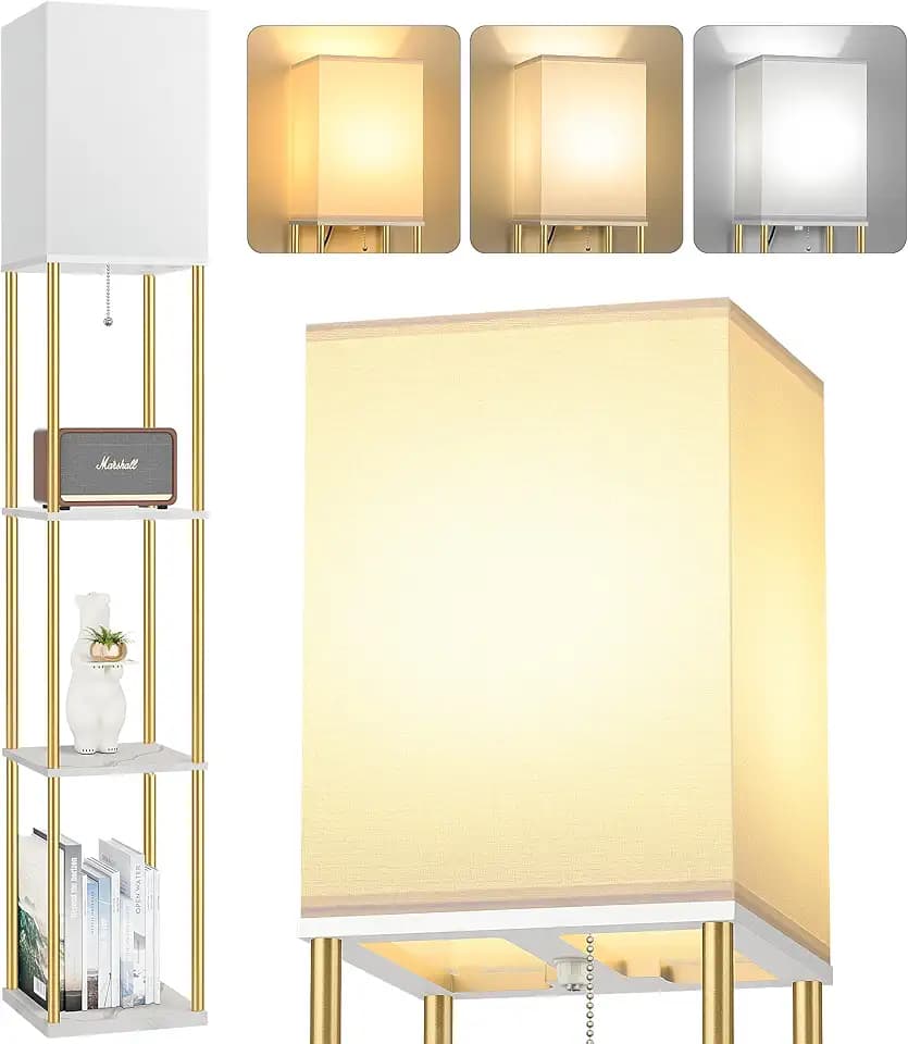 Floor Lamp with Shelves, 3-Tier Square Bookshelf Standing Lamp White & Gold