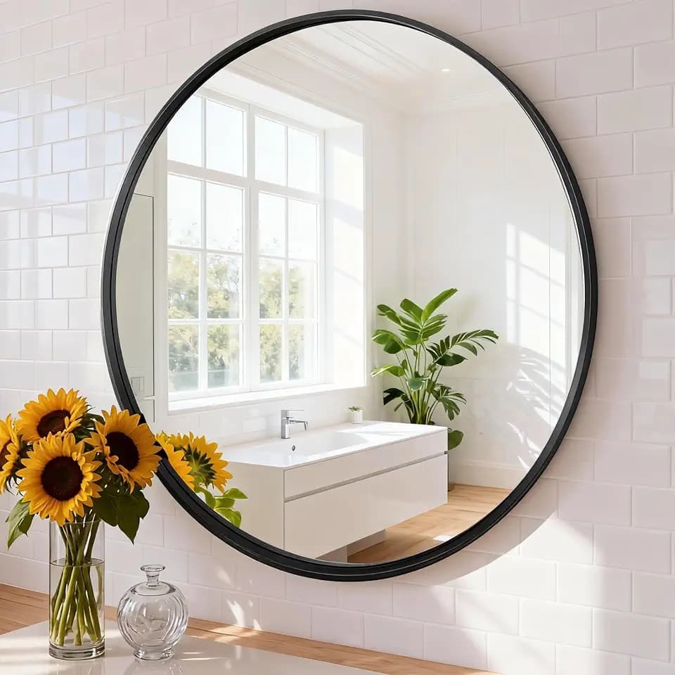 NEWBULIG Round Bathroom Mirror 28", Wall Mirror with Aluminum Alloy Thin Frame, Bathroom Mirrors for Over Sink, Bedroom, Living Room, Entryway, Black