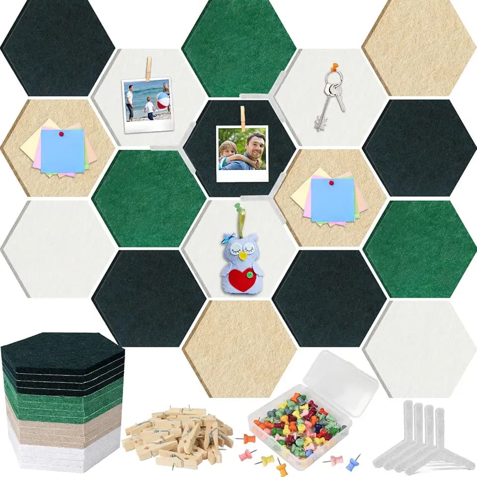 16Pcs Hexagon Felt Cork Board Tiles Self Adhesive Hexagon Wall Tiles with 60 Push Pins 20 Wooden Clips DIY Back to School Bulletin Pin Boards for School Office Home Photos Memos Display (Green Brown)