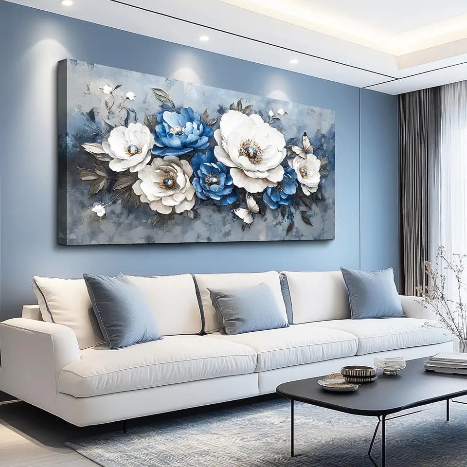 WLWBINTING Large Wall Art For Bedroom White And Blue Flowers Painting Canvas Prints Art Abstract Watercolour Pictures Modern Artwork Wall Decor For Living Room & Office Aesthetic Home Decoration