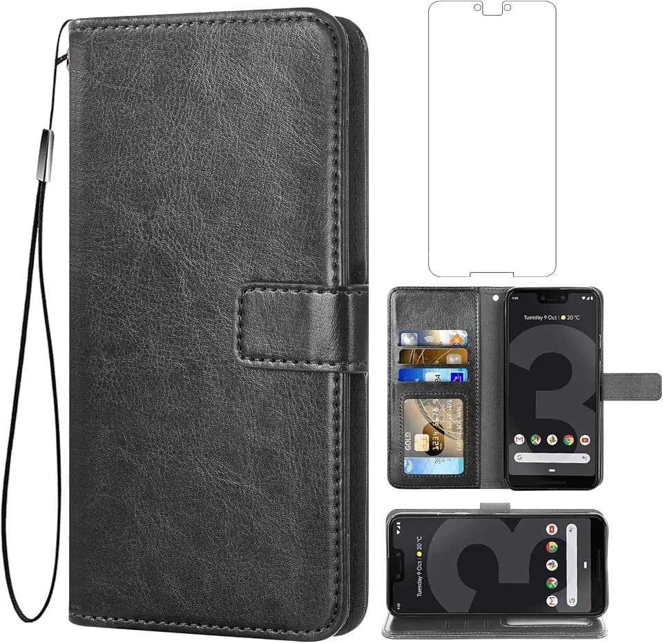 Asuwish Compatible with Google Pixel 3 XL Wallet Case Tempered Glass Screen Protector and Leather Flip Cover Card Holder Stand Accessories Phone Cases for Pixel3XL Pixel3 LX Pixle 3XL Women Men Black