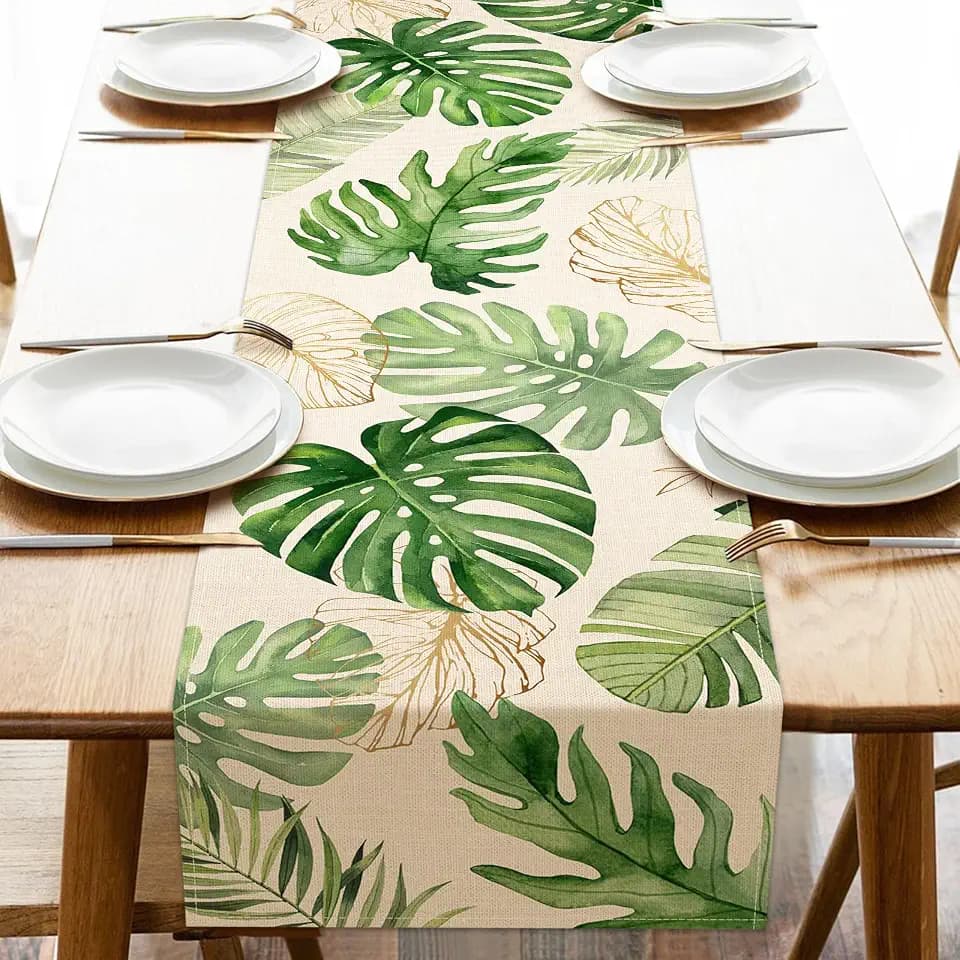 Seliem Summer Palm Leaves Tropical Greenery Table Runner, Monstera Home