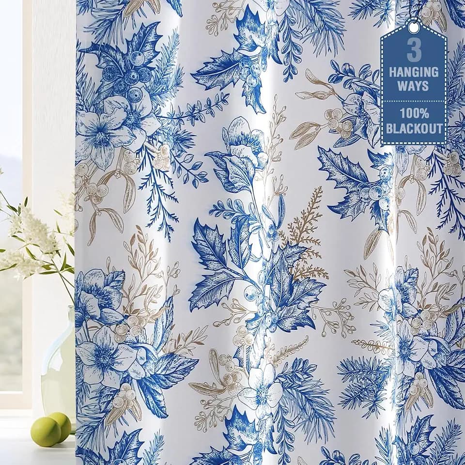 H.VERSAILTEX 100% Blackout Curtains for Bedroom Thermal Insulated Curtains for Living Room Back Tab/Rod Pocket Vintage Floral Curtains with Black Liner, 2 Panels, 52 x 84 Inches, Blue and Wheat