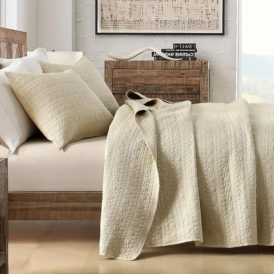 HORIMOTE HOME Quilt Set Queen Size Brich Beige, Classic Geometric Spots Stitched Pattern, Pre-Washed Microfiber Chic Rustic Look, Ultra Soft Lightweight Quilted Bedspread for All Season, 3 Pieces