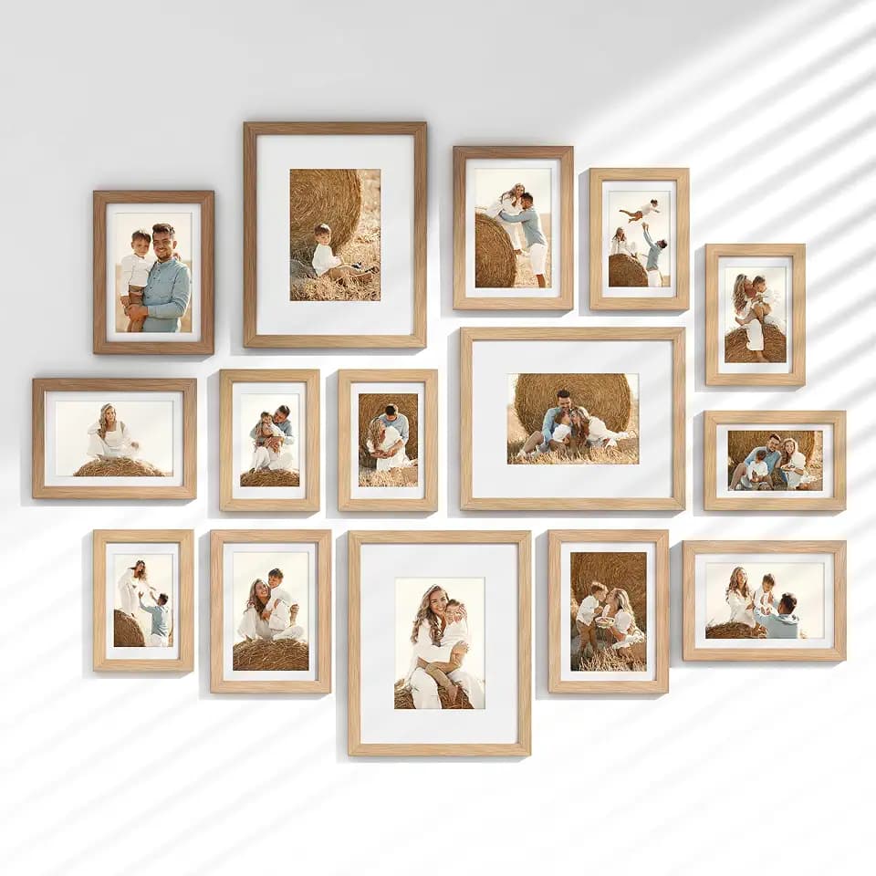 Venusmiles 15 Pack Picture Frames Collage Wall Decor, Gallery Frame Set for Wall Mounting or Tabletop Display, Multi Sizes Including 3pcs 8x10, 6pcs 5x7, 6pcs 4x6, Oak