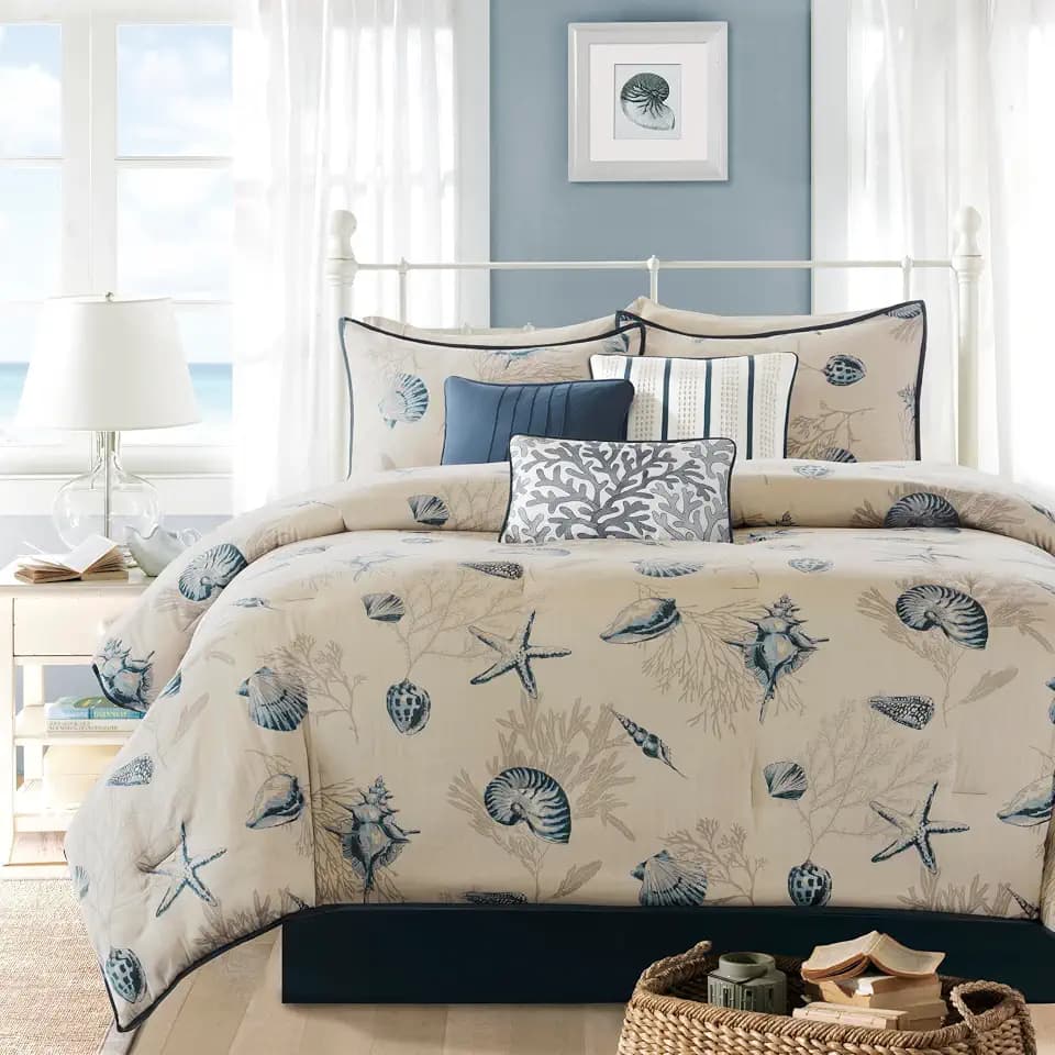 Madison Park Cotton Coastal Starfish Blue Queen Comforter Set, 7pc