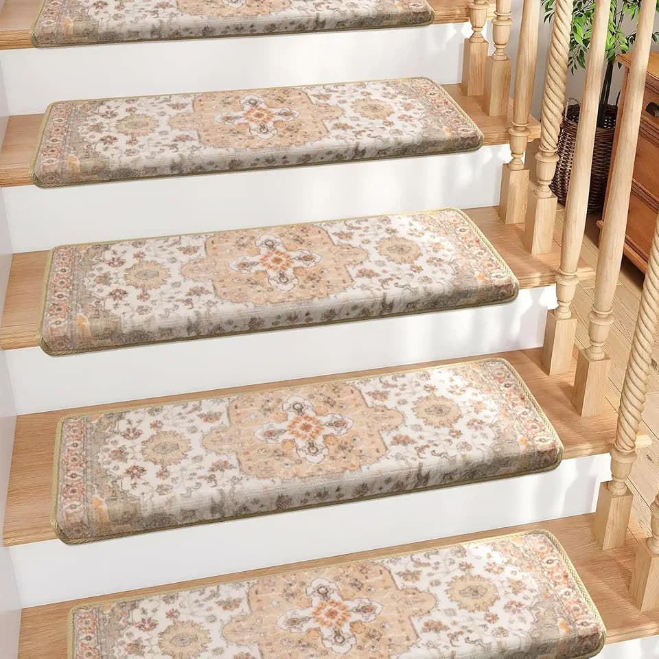 Brakki Bullnose Non-Slip Carpet Stair Treads for Wooden Steps, 14pcs, Beige