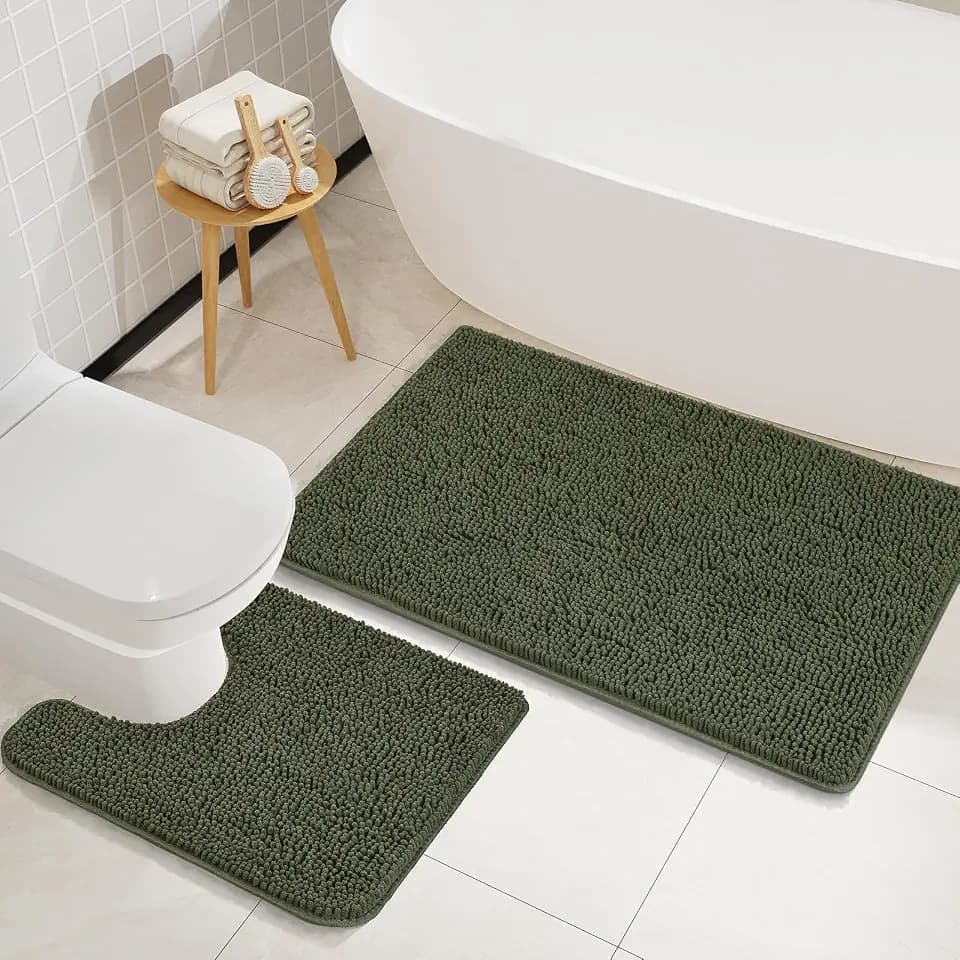 LOCHAS Bathroom Rugs Sets 2 Piece, 20''x20'' & 34''x21'', Olive Green