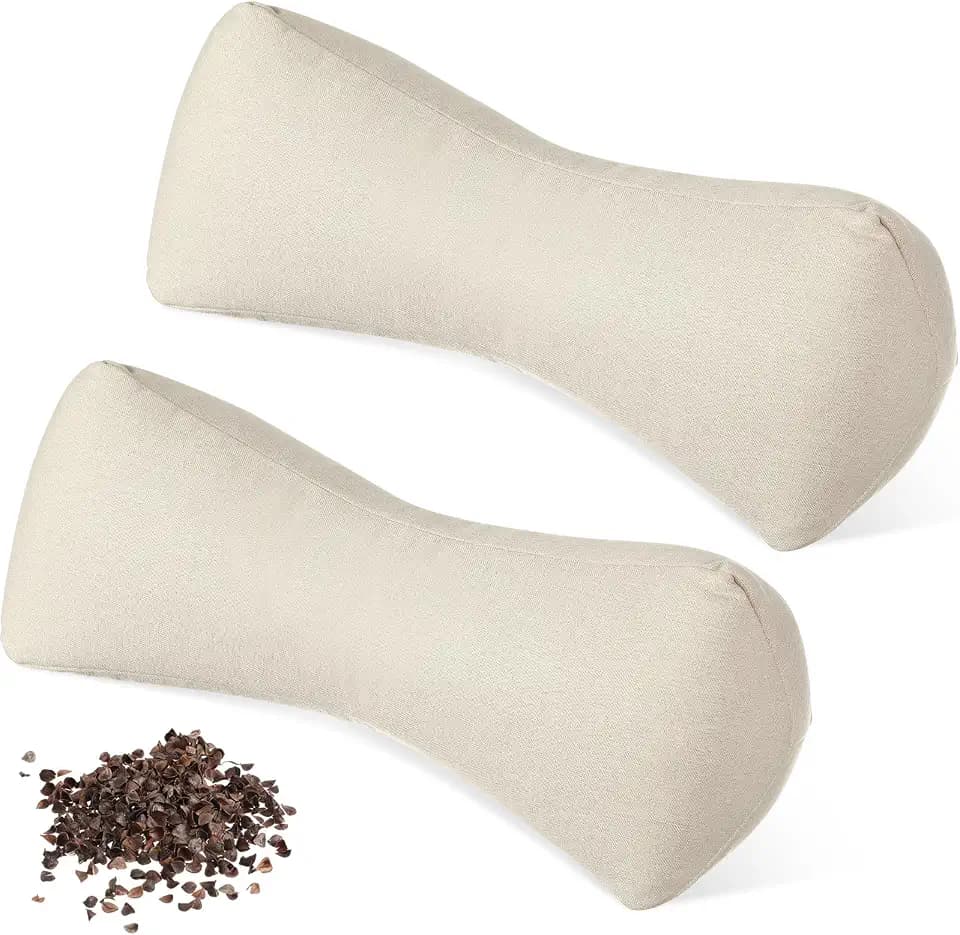 DoubleFill 2 Pcs Buckwheat Neck Pillow Adjustable, Beige, Cotton and Linen
