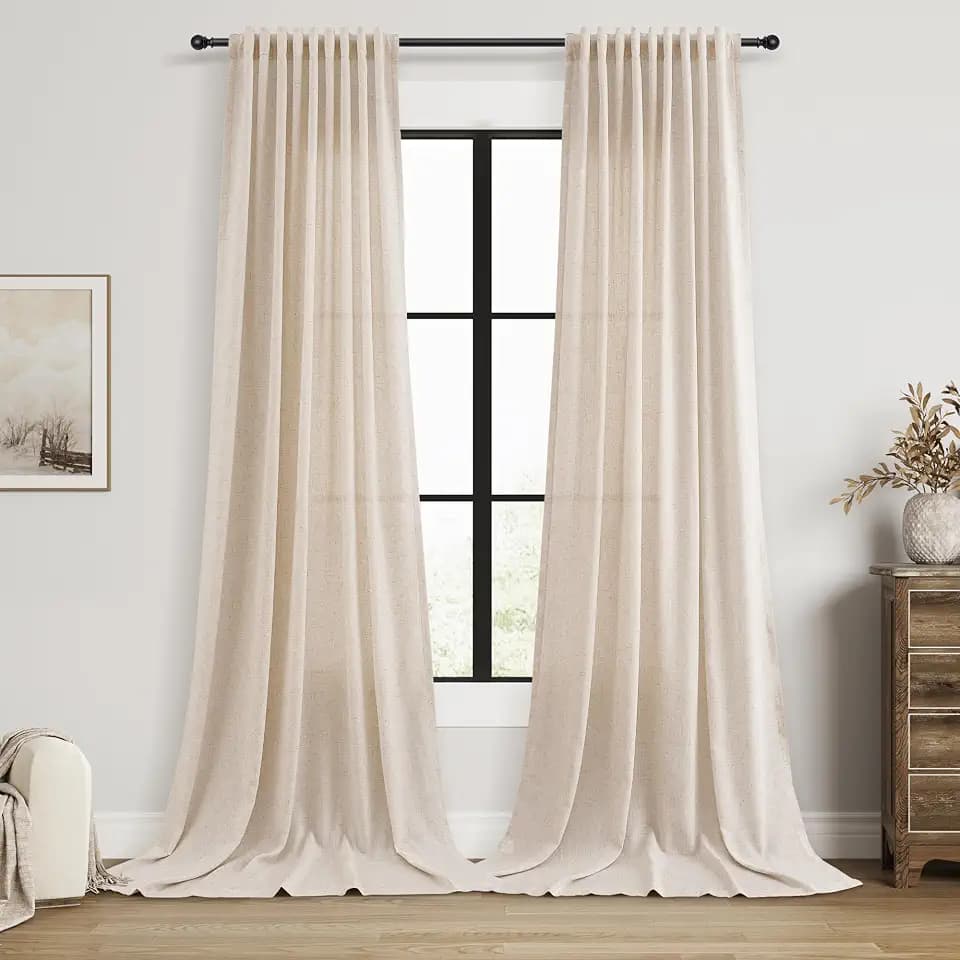 Nanspring Extra Long Linen Curtains 108 Inch Hook Belt Cream Beige 2 Panels