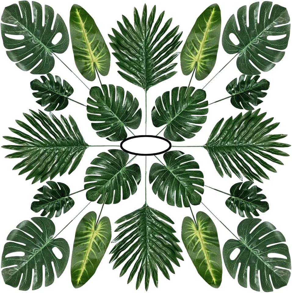 60 Pieces 5 Kinds Artificial Palm Leaves with Faux Stem, Tropical Party Decorations Jungle Monstera Leaves Safari Leaves for Hawaiian Luau Party Jungle Beach Table Leave Decorations