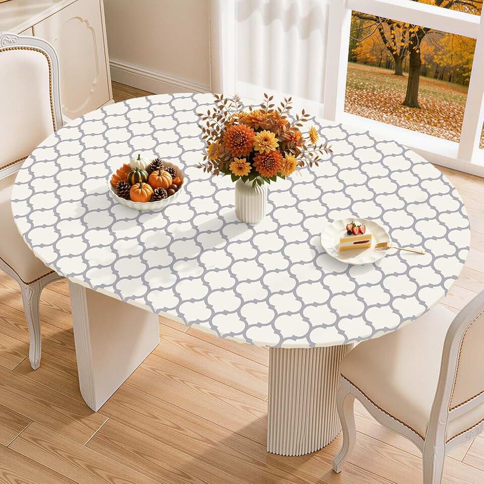 Smiry Oval Picnic Tablecloth, Waterproof Elastic Fitted Table Covers for 48" - 72" Tables, Wipeable Flannel Backed Vinyl Tablecloths for Camping, Indoor, Outdoor, Beige & Grey