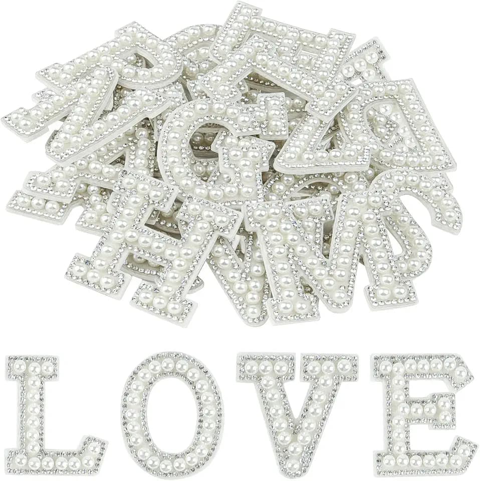 Morcheiong 52Pcs Pearl Rhinestone Letter Patches Self Adhesive A-Z, Stick on Pearl Letter Patches for Clothes, Fabric, Backpack (White)
