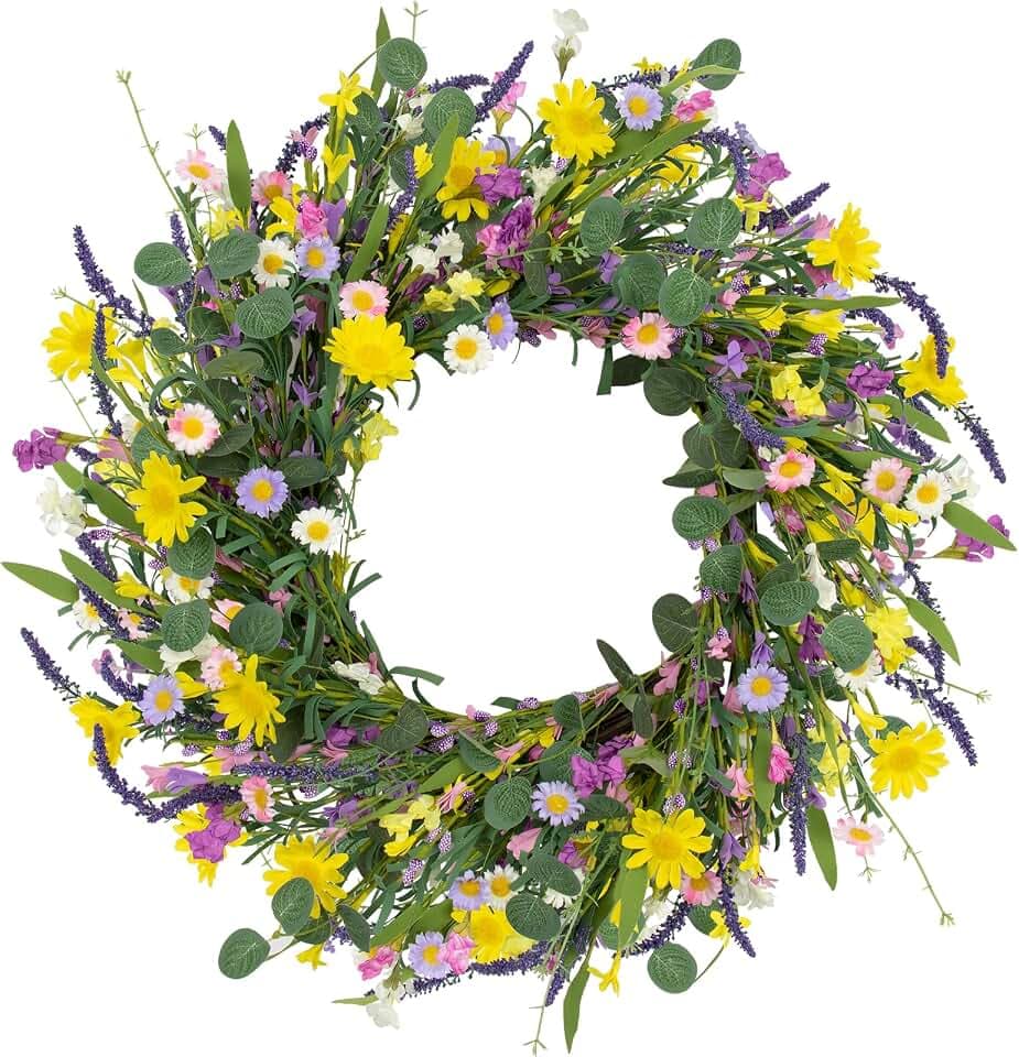 LLZLL Spring Decorations for Home 22" Spring Wreath Artificial Summer Wreaths with Eucalyptus Leaf Lavender and Daisy for Easter Indoor Outdoor Home Festival Celebrations