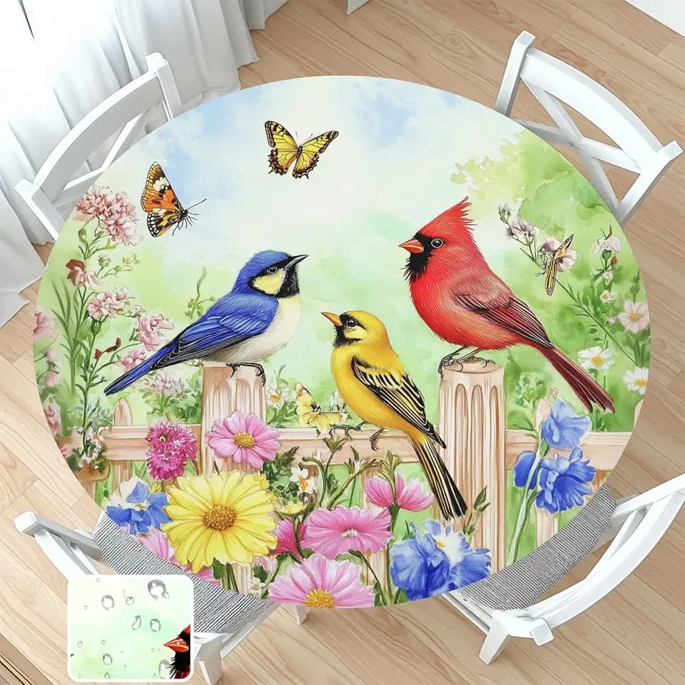 Spring Summer Round Fitted Tablecloth with Elastic Edge Colorful Cardinal Birds Floral Circle Table Cloth for 40-44" Round Tables Farmhouse Wipeable Waterproof Table Cover for Outdoor Picnic Dining