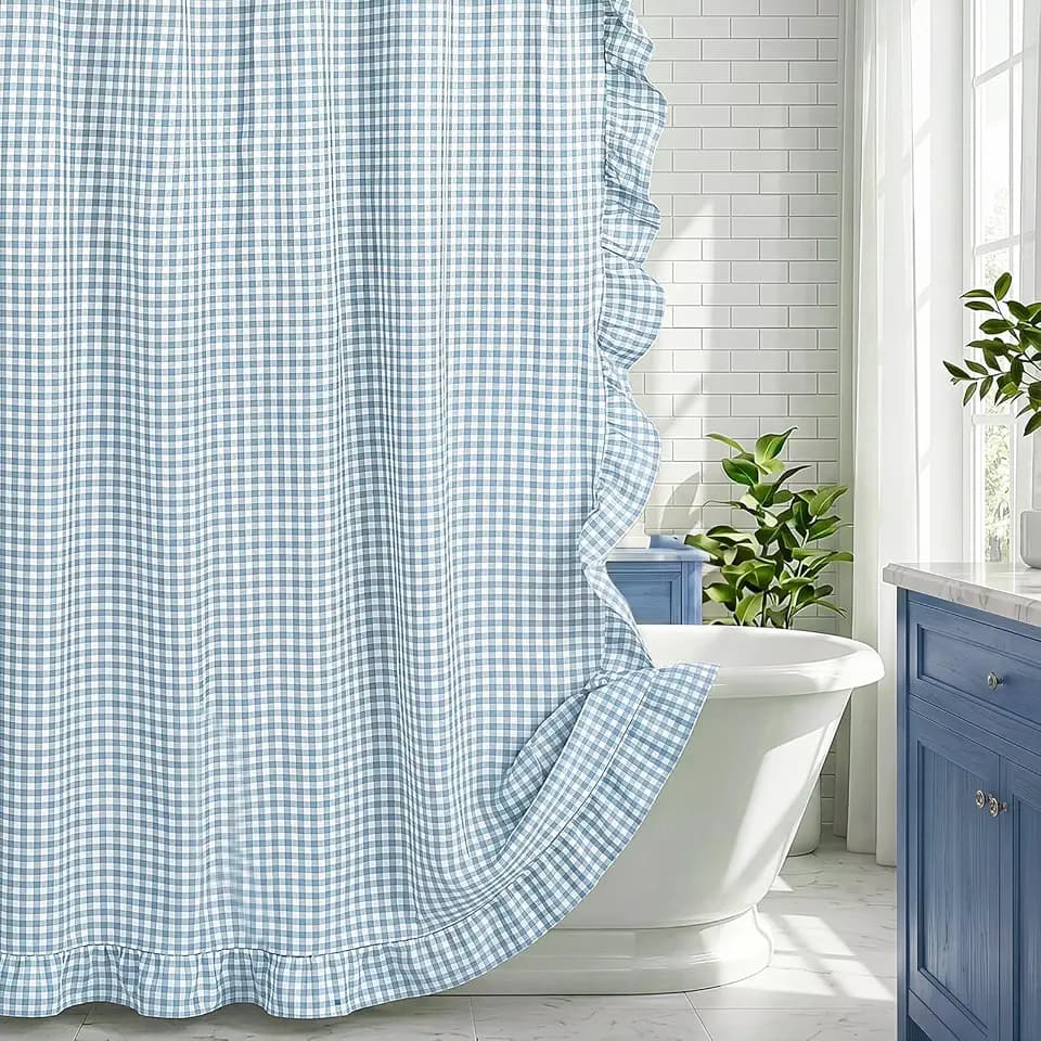 HunnmingRe Ruffled Gingham Shower Curtain Light Blue