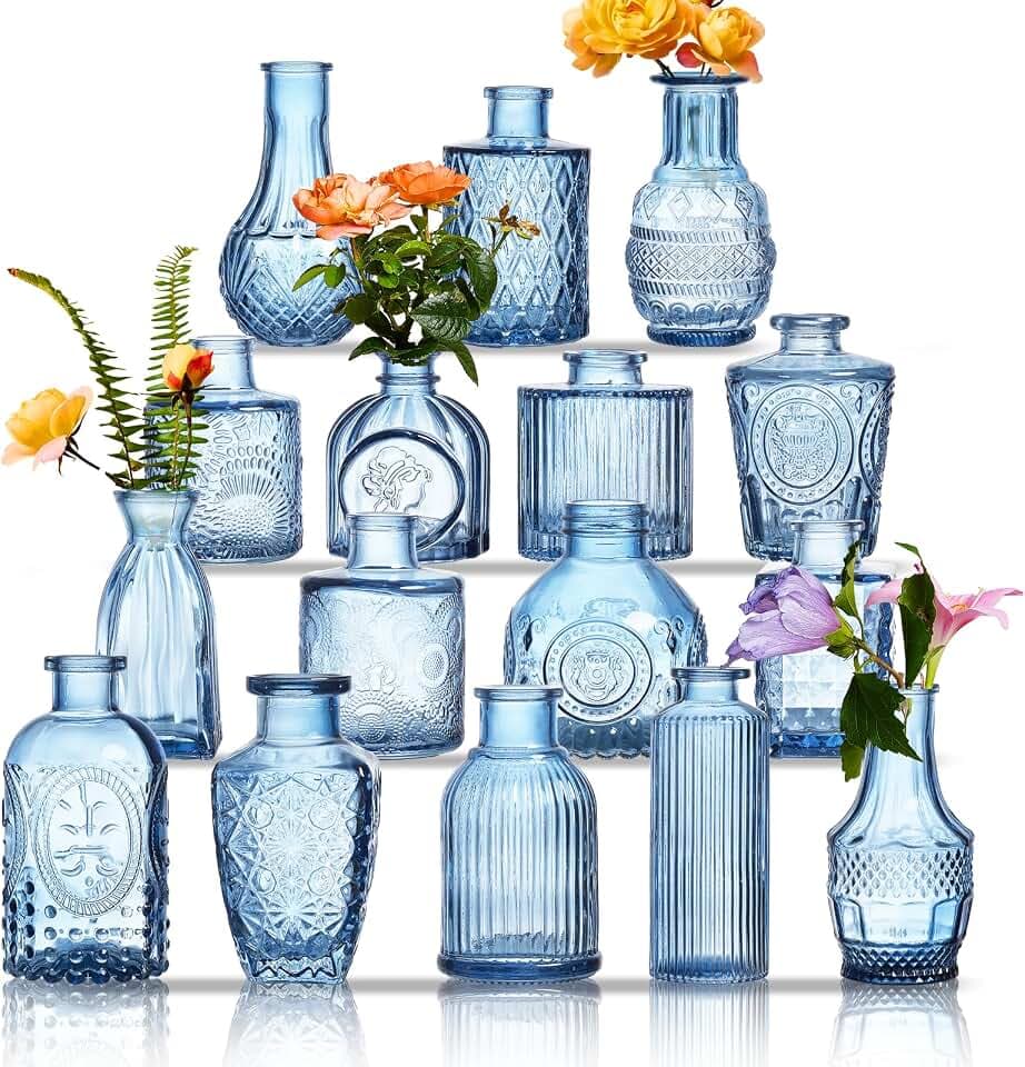 Glass Bud Vases Set of 16 - Blue Assorted Small Mini Glass Vases for Flowers, Crystal Vintage Vase Set, Bulk Centerpieces for Table Décor, Wedding, Home and Events (Blue, 16 Pcs)