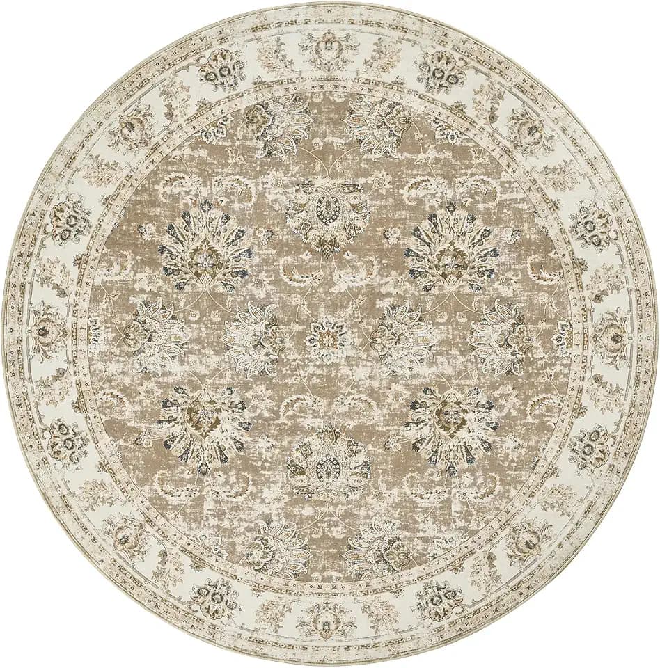 jinchan 4ft Vintage Floral Round Rug, Circle Washable Rug, Taupe