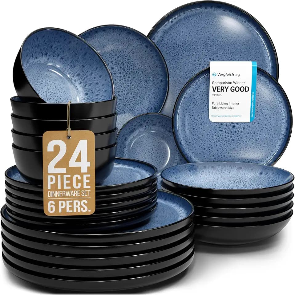 24 Piece Stoneware Dinnerware Set for 6, Handcrafted Plates and Bowls Set