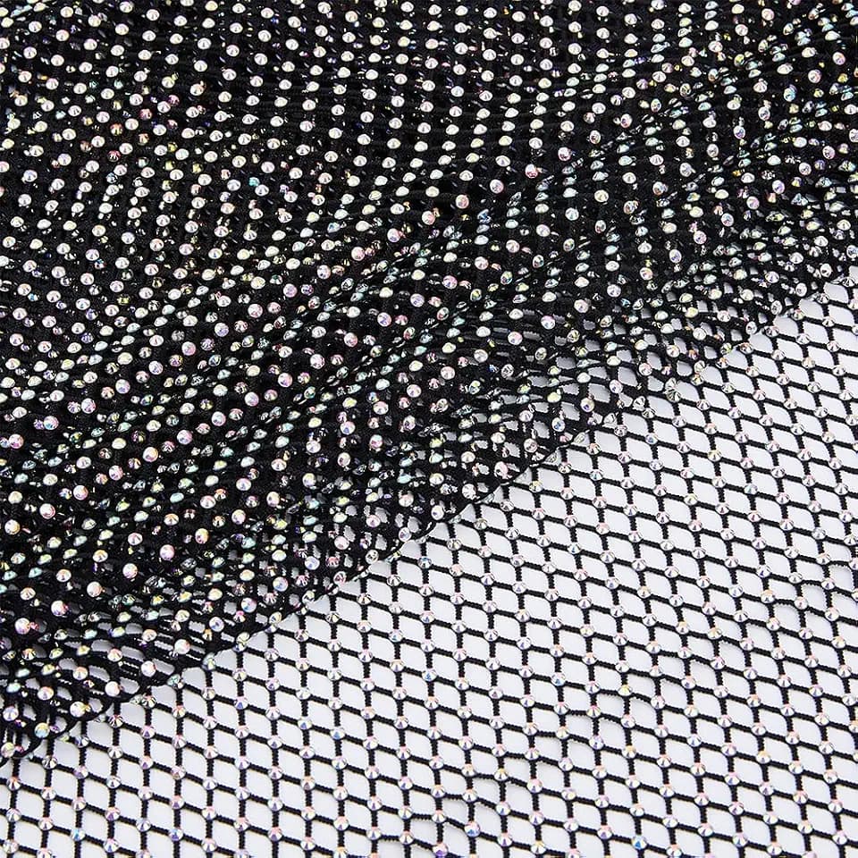 SUPERFINDINGS Rhinestones Mesh Fabric Crystal Bling Shiny Stretch Sparkling Black Net Fabric 59.1x11.8inch AB Color Crystal Mesh Cloth for DIY Clothes Bag Making Party Decor
