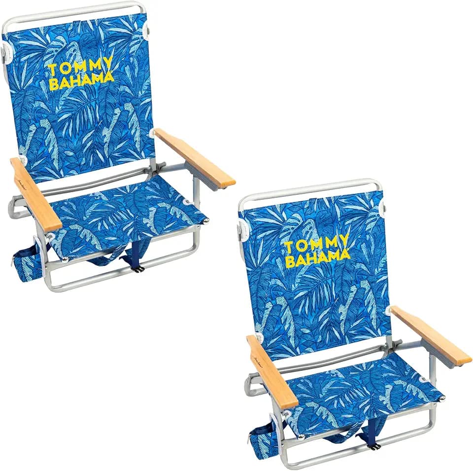 Tommy Bahama 5-Position Lay Flat Beach Chair, Blue Tropical Leaves, 2-Pack