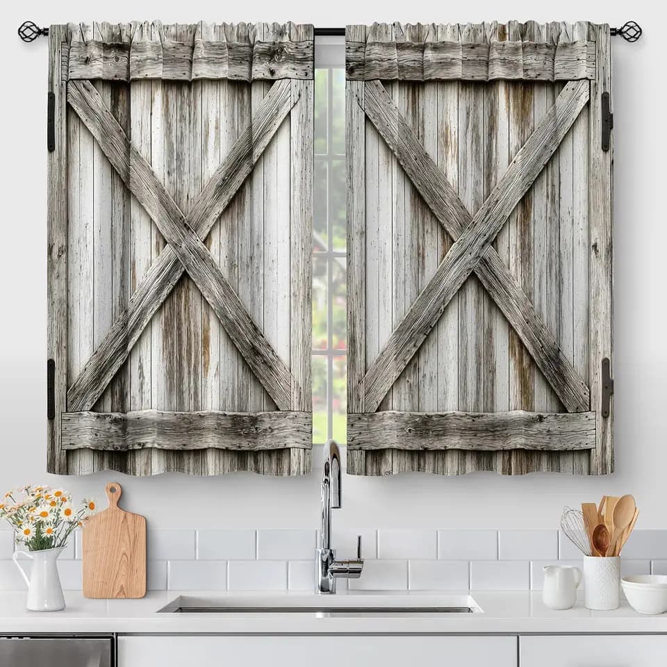 Aimego Farmhouse Country Wood Kitchen Curtains - Wooden Barn Door Vintage Short Tier Curtains Over Sink Natural Rustic Farm Decor Rod Pocket Window Drapes 24 Inch Length 2 Panel Set, 28"x24"