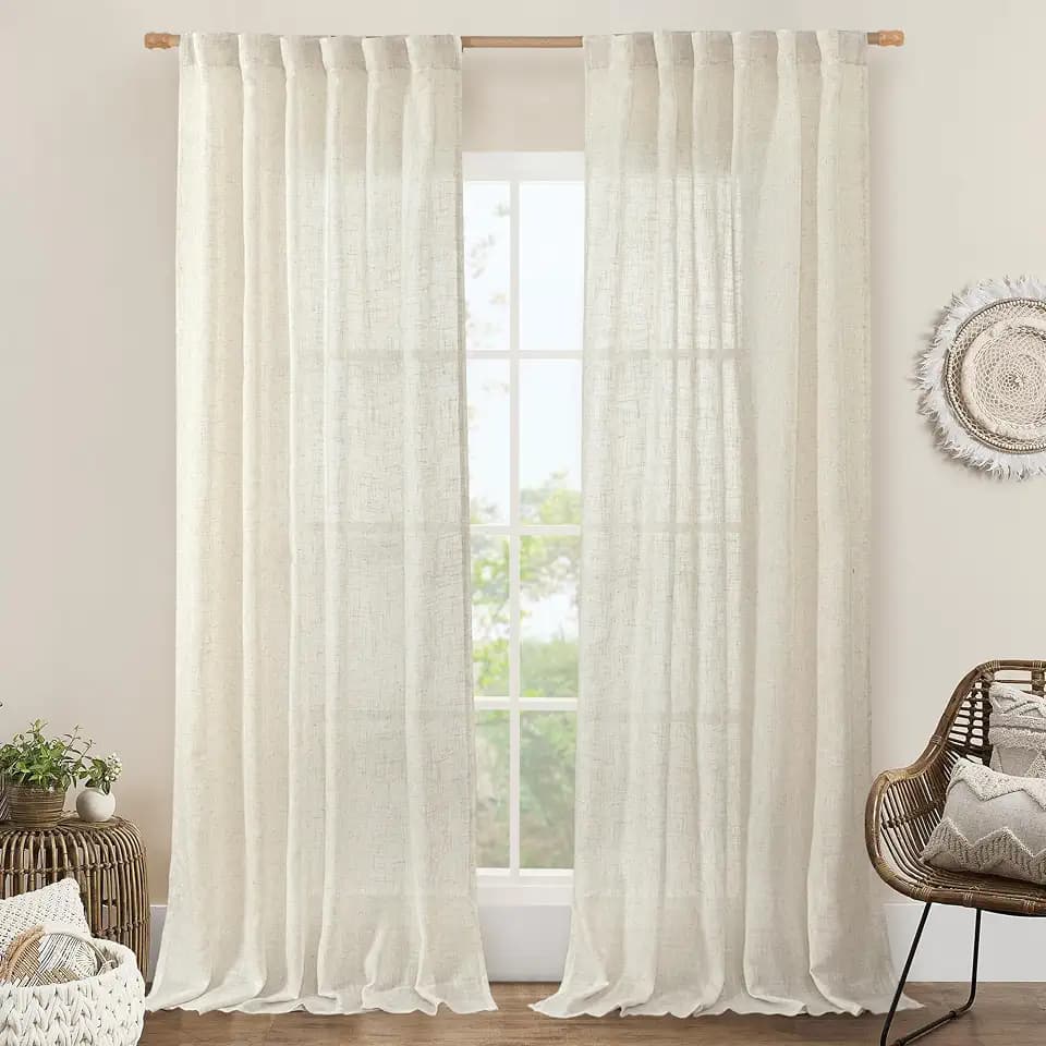 LAMIT Natural Linen Blended Curtains for Living Room 120 Inch Semi Sheer