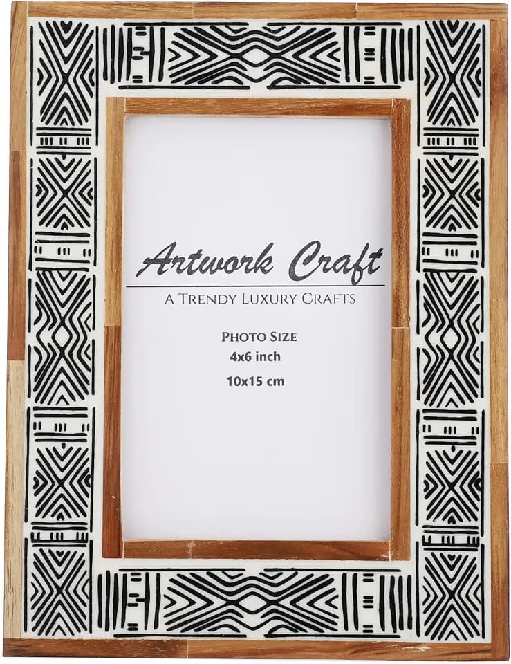 Handmade White Bone Photo Frame Aztec Pattern Painting Vintage Boho Wooden Picture Frames For Table-Top/Wall Decor (6x4 Inches, Aztec Black)