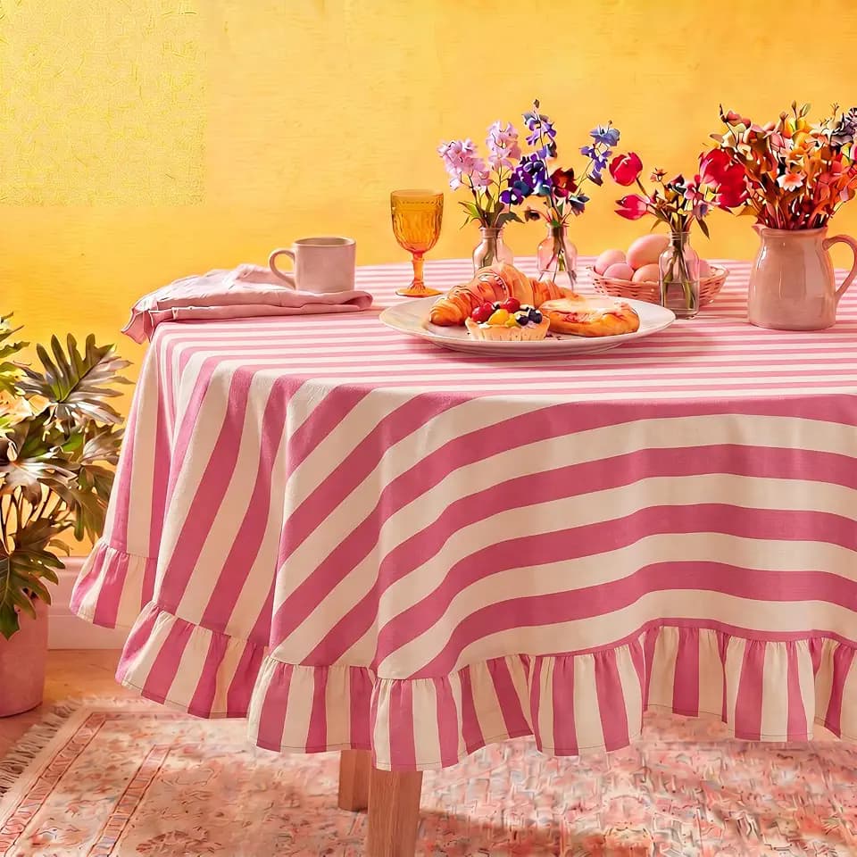 Tudomro Striped Tablecloth, Round, Cedar Rose, Cream, 60'' X 60''