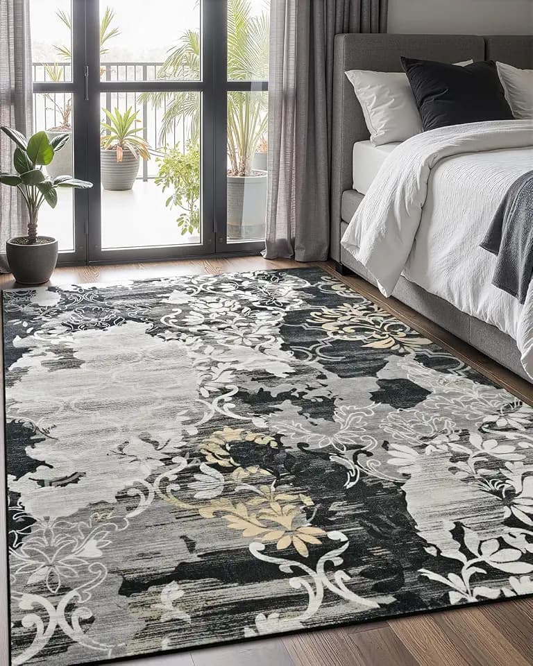 Washable Abstract Rug, 4x6 Black Floral Area Rugs with Non-Slip Rubber Backed for Bedroom, Low Pile Modern Throw Carpet Kitchen Living Room Decor