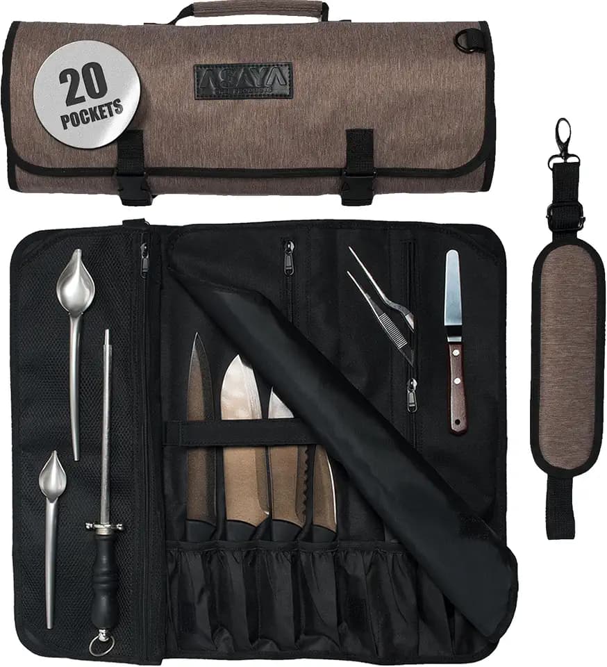 Asaya Waxed Nylon Chef Knife Roll Bag with 20 Slots and Zippered Pockets - Professional Chef Knife Bag & Storage Case, Tool Carrier with Shoulder Strap - Knives Not Included (Brown)