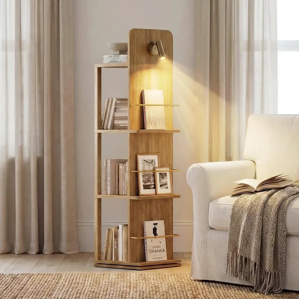 Rotating Bookshelf Tower w/Light, 15.4''/Shelf for Living Room Oak