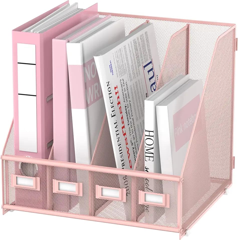 4-Compartment Magazine File Holder and File Organizer for Desk, Pink