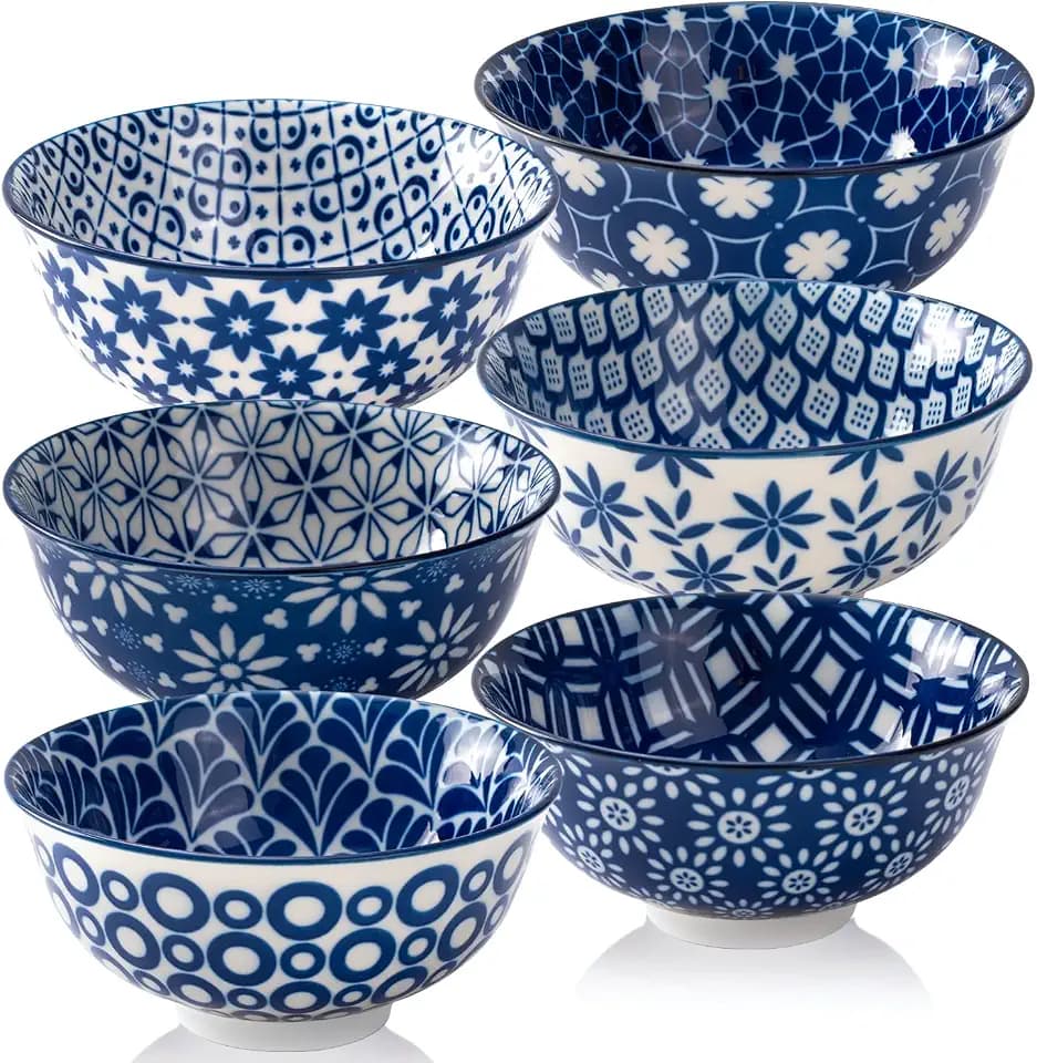 AntoKueh 6 inches Blue and White Ceramic Bowls, 23Oz Deep Cereal Porcelain Bowls set of 6, Large Soup Bowls for Salad, Fruit, Vintage, Christmas gift