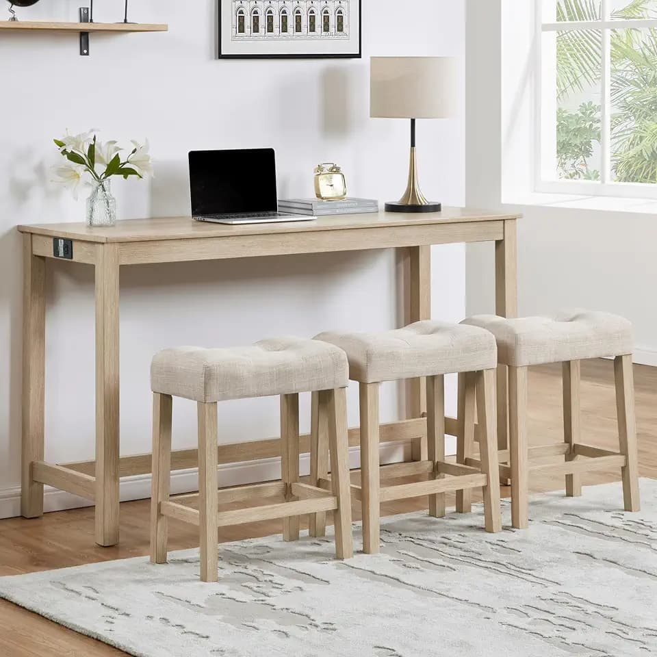 KEIKI 4-Piece Bar Table Set with Charging Ports, 59" Industrial Kitchen Table & 3 Upholstered Stools, Durable Wooden Frame, Perfect for Living and Dining Rooms, Light Oak