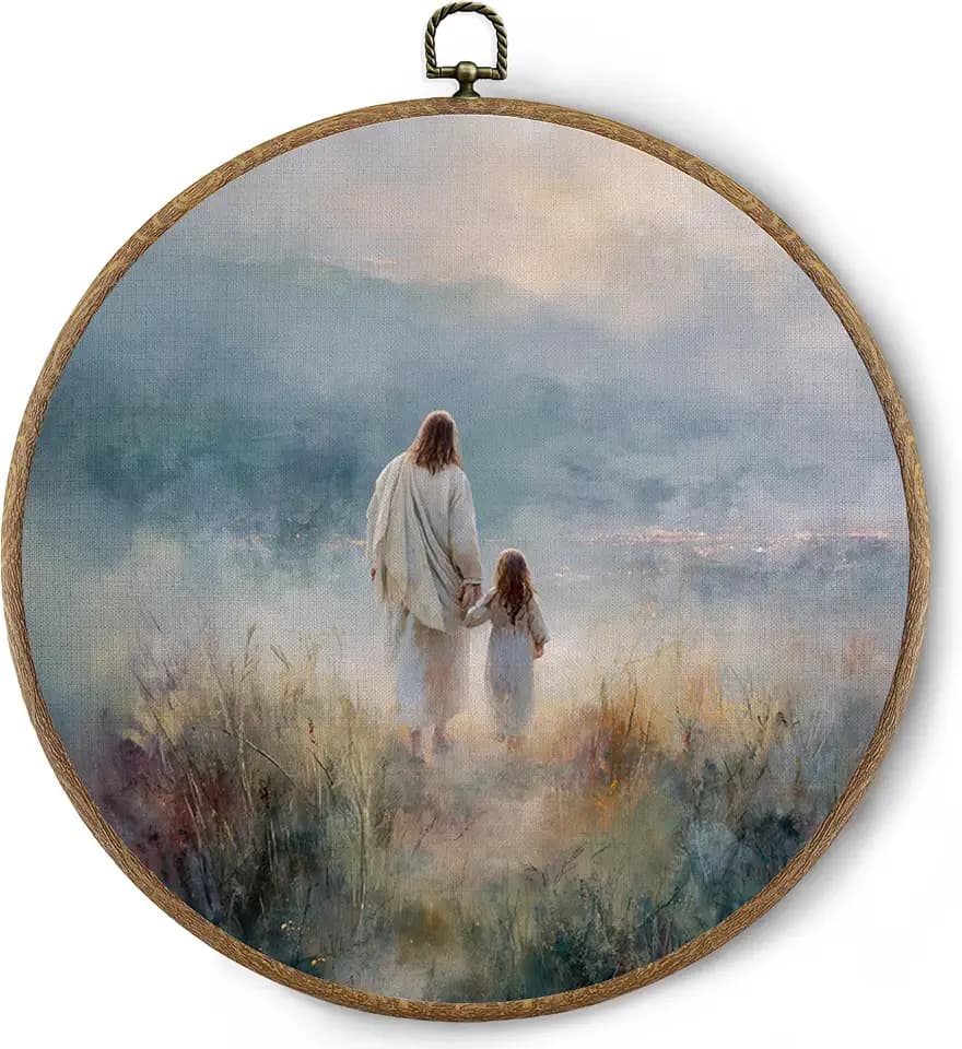 BitKAM Christian Jesus Walking with Girl Round Wall Art Decor, Christ Jesus Canvas Prints Framed, Religious Wall Hanging Decorations for Church Home Bedroom Living Room, 10x10 Inch Wall Sculptures