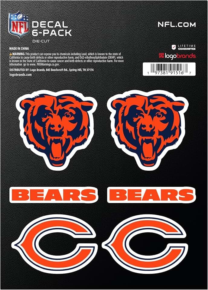 NFL Logo Brands Chicago Bears 3 Pack of Decal 6ct Sheets- 18 Logos Total
