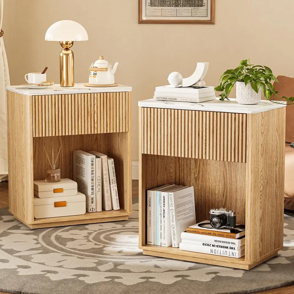 Modern Fluted Nightstand Set of 2 for Bedroom, Mid Century Bedside Table Set with Marble Top & Drawer, Wood End Table, 2 Farmhouse Night Stands for Guest Room, Hallway, Oak