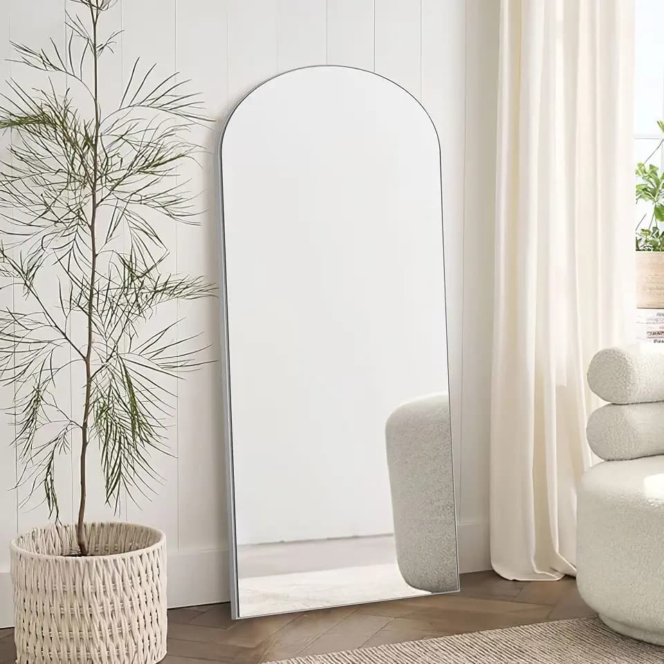 Arched Full Length Mirror, Wooden Thin Frame, 59"x20" Full Body Mirror, Hanging or Leaning Against Wall, Silver