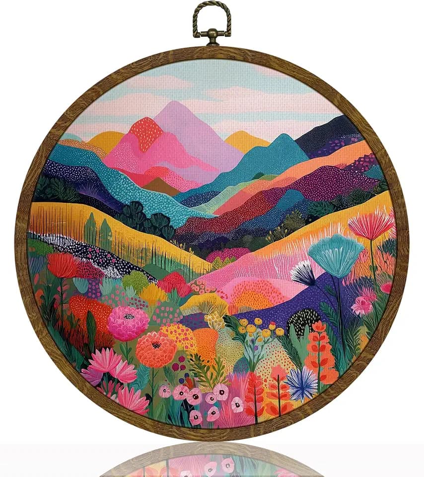 HEYJEEPER Boho Landscape Wall Art Decor,Colorful Mountains Round Hanging Artwork, Vibrant Nature Linen Wall Hanging for Living Room Bedroom Nursery Office,10 Inch (Pink-Mountain)