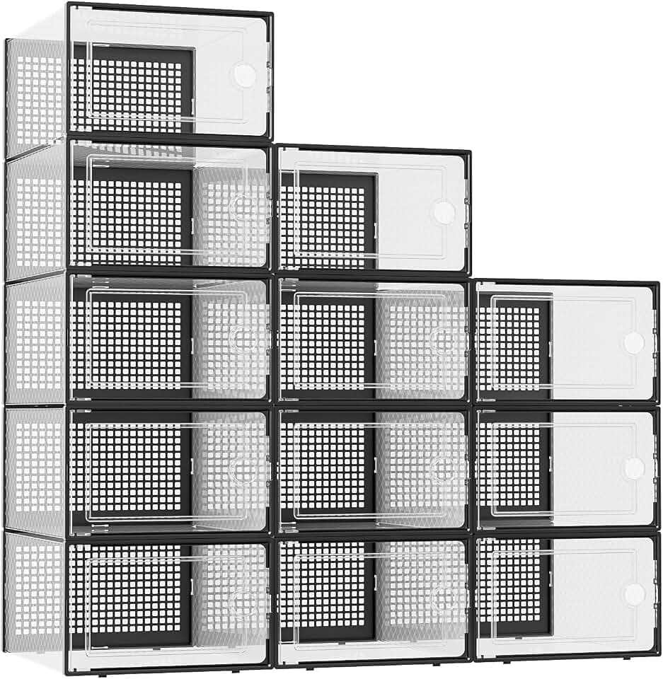 Kuject XX-Large Shoe Storage Boxes 12 Pack, Clear Stackable Shoe Organizer