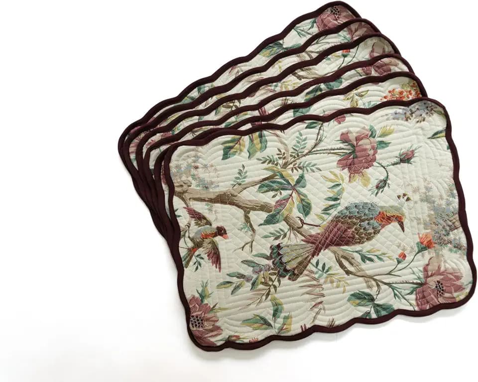 Espresso Feather - Luxury Handcrafted Placemats (Reversible) Cotton Quilted Fabric Machine Washable – Set of 6 – Elegant Home Decor – 14 x 19 inches - Bloom Collection