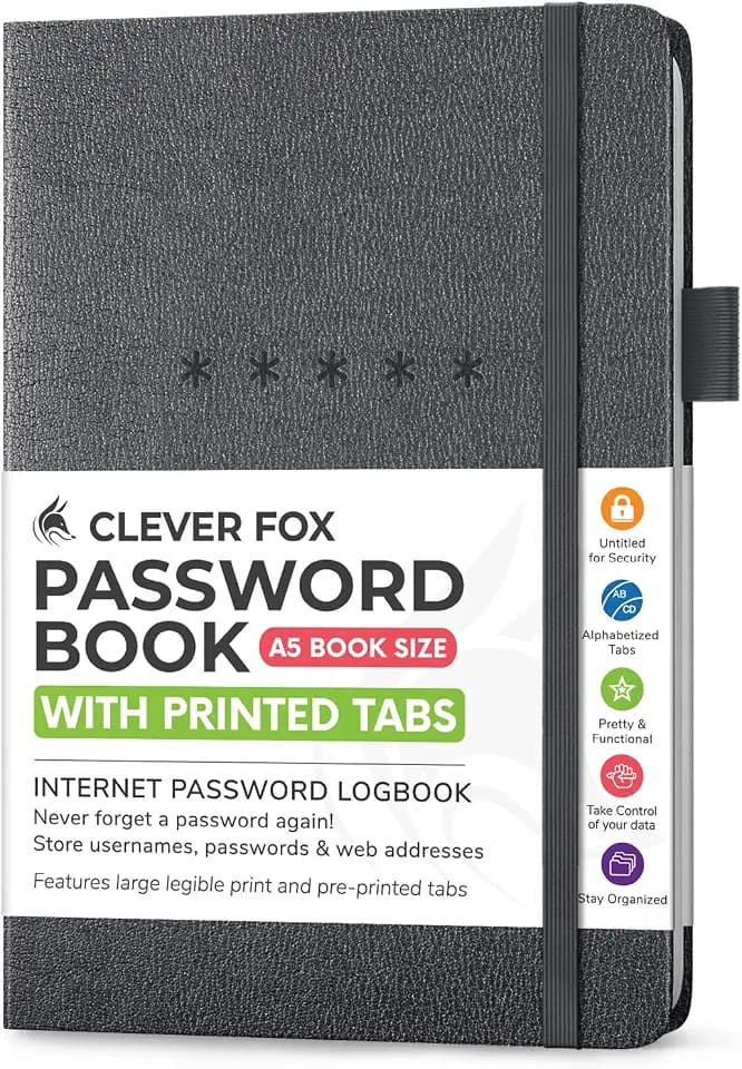 Clever Fox Password Book, Alphabetized Username Notebook Medium Mystic Gray