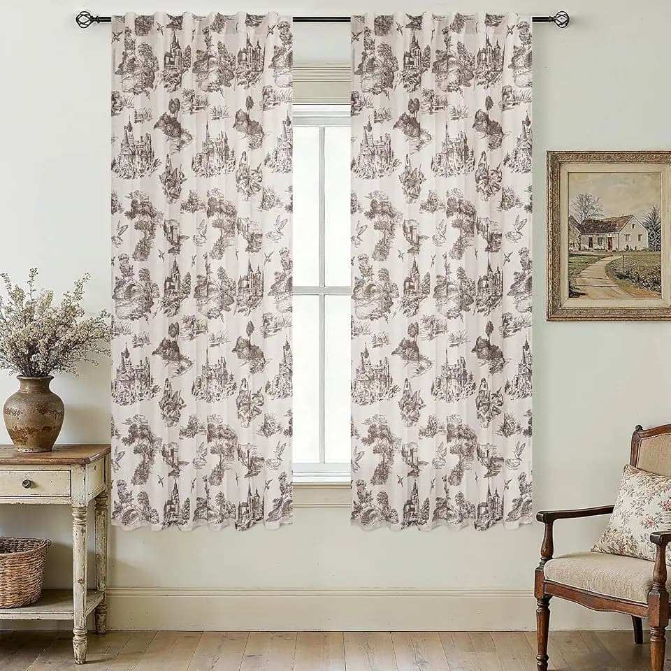 Coffee Brown Linen Curtains 63 Inches Long for Living Room Bedroom Toile de Jouy Floral Printed Patterned French Country Semi Sheer Curtains Back Tab Light Filtering Pattern 63 Inch Window Drapes