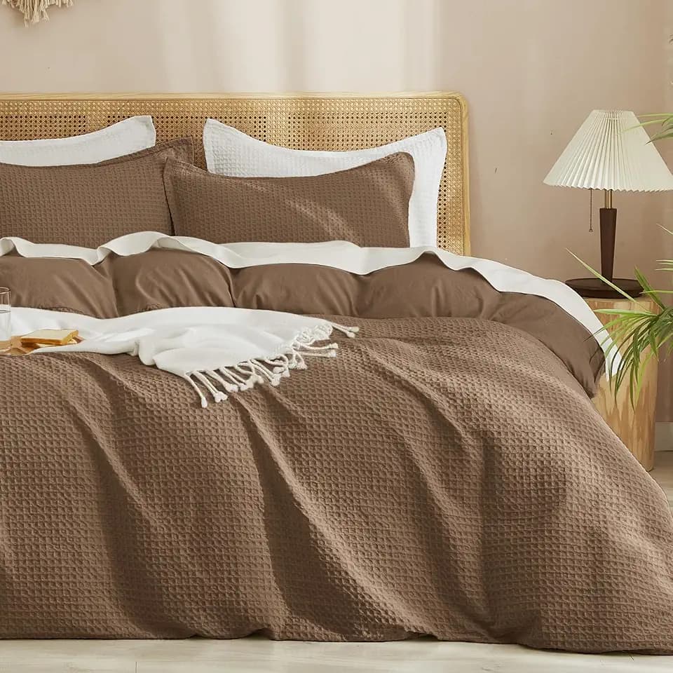 PHF Waffle Duvet Cover Set King, Ultra Soft & Breathable, 104"x90", Mocha