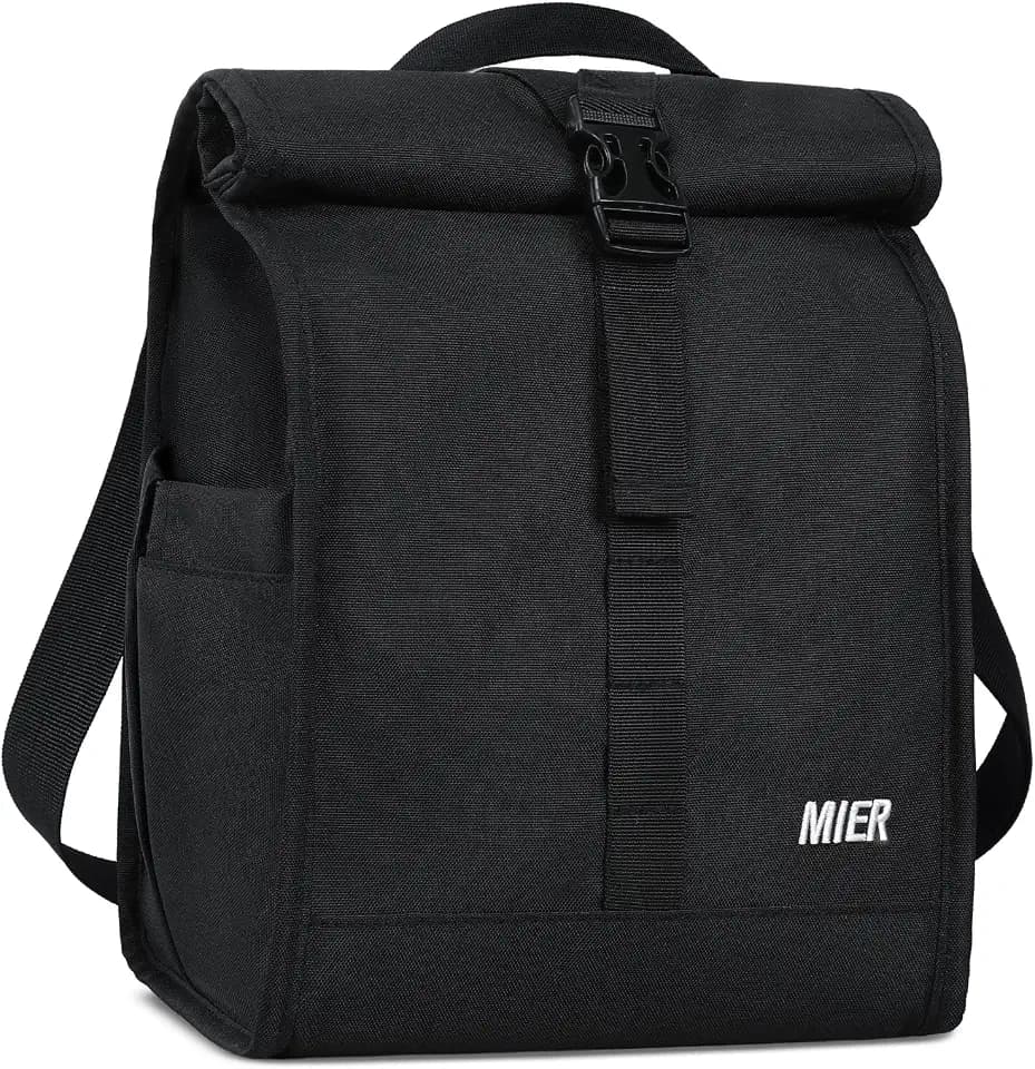 MIER Insulated Lunch Bag Roll-Top Lunchbox for Adult Women & Men, Black