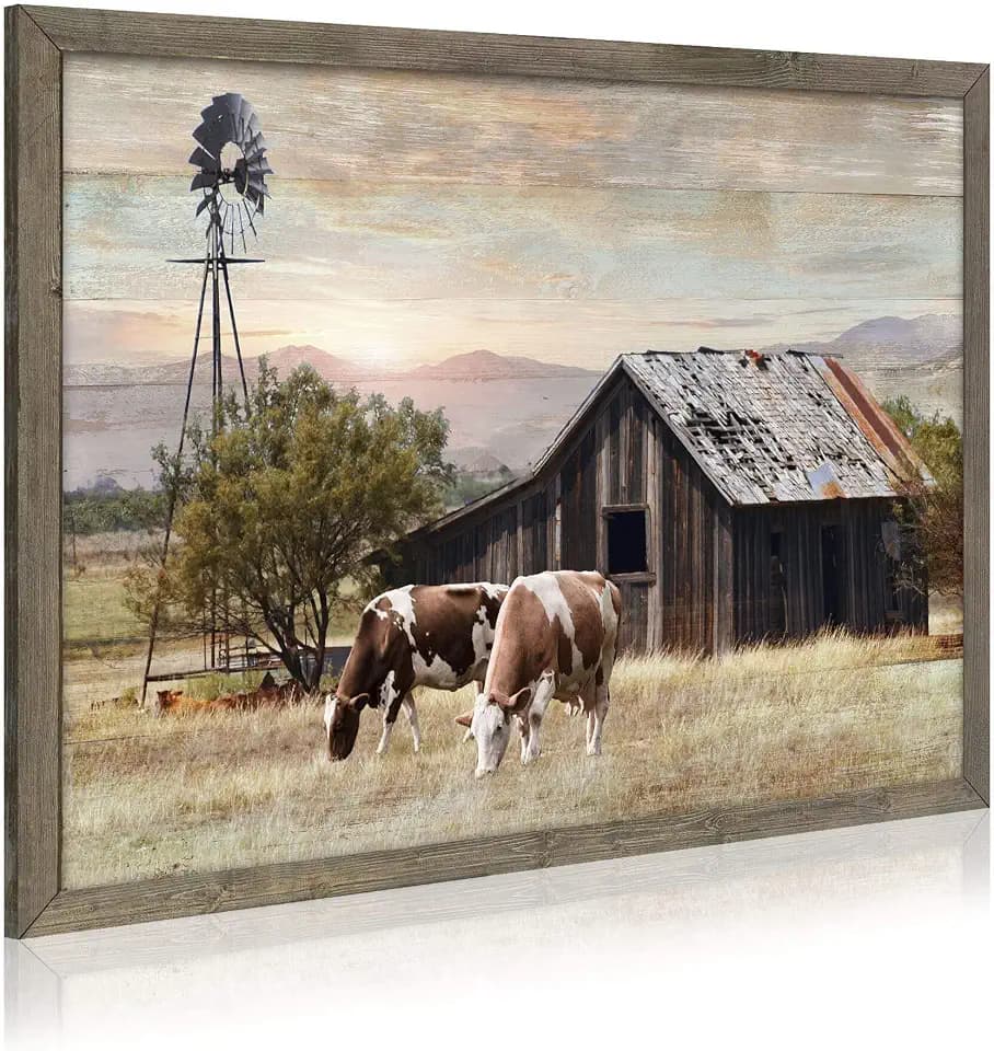 Nature Scene Wooden Framed Art:Horses&Vintage House under the Mountain Painting Print with Framed for Bathroom (12'' x 16'' x 1 Panel)