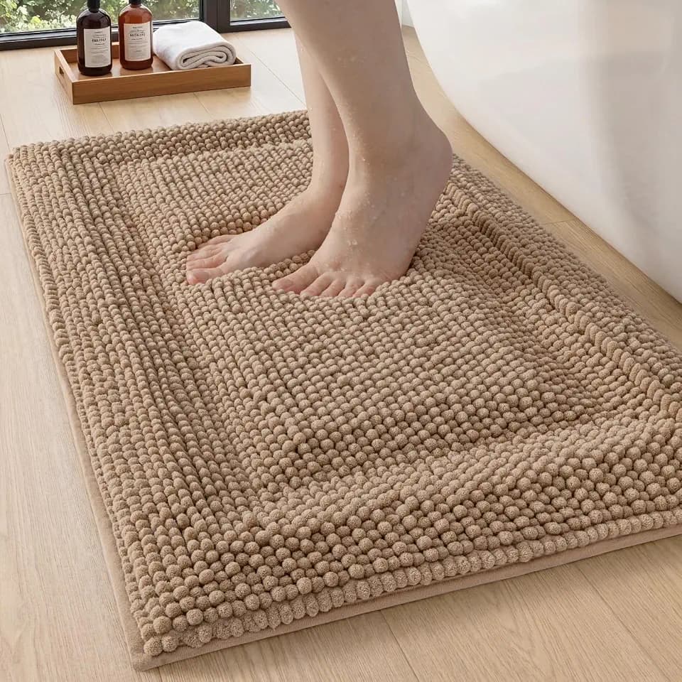 DEXI Bathroom Rugs 24x16, Non Slip Washable Chinelle Bath Mat, Dark Beige